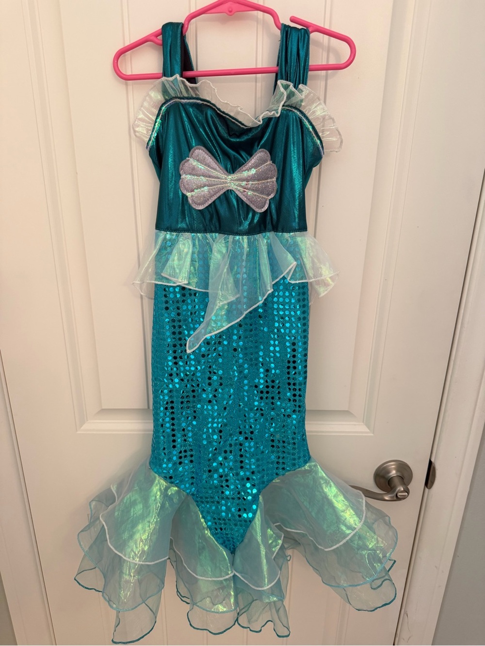 Girls Teal Mermaid Costume Dress with Iridescent Shell Accent